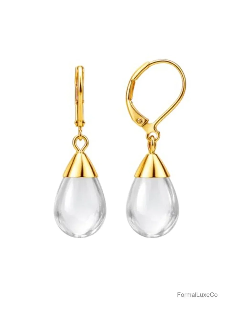 Handmade Natural Clear Quartz Dangle Leverback Earrings, 14k Gold Plated, Boho